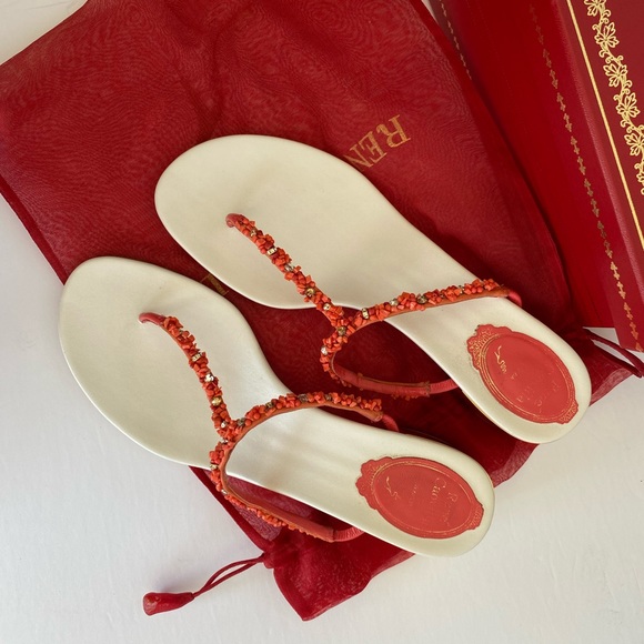 Rene Caovilla Fine Beaded Gold Heeled Thong Sandal - Picture 1 of 15